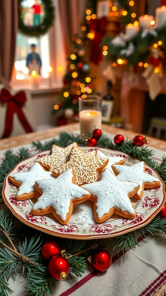 A plate of Viennese Christmas cookies dusted with powdered sugar, surrounded by holiday decorations.